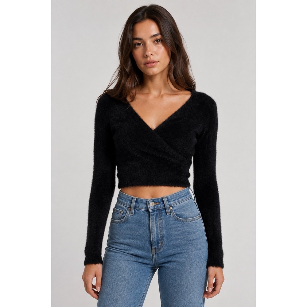 BDG Urban Outfitters Black Fuzzy Wrap Sweater Size Small Cropped Surplice Y2K